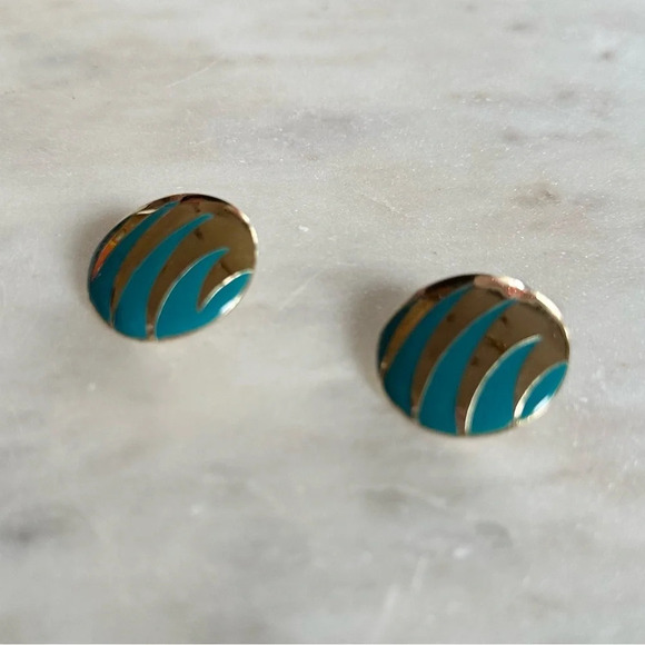 Vintage 80s Earrings Gold Tone Teal Enamel Large Round Disc Studs Statement - Picture 4 of 8